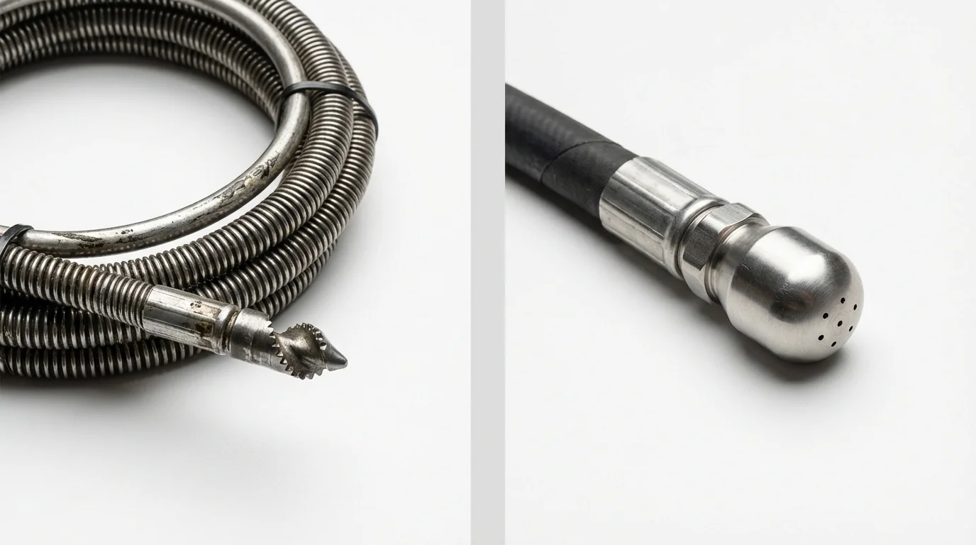 Drain snake cable and hydro jetting nozzle used for drain cleaning in Fargo, ND